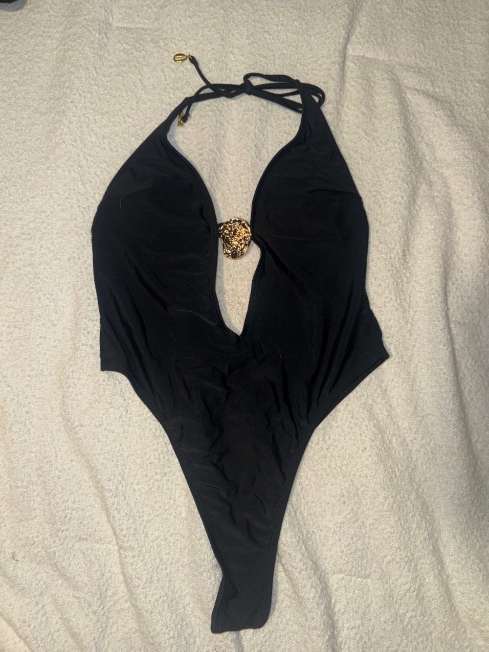 Black Plunge One Piece Swimsuit Gold Detail